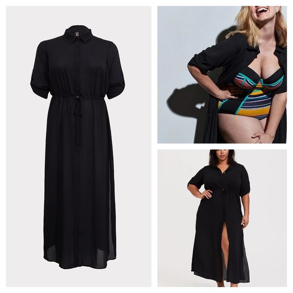 Black Crinkled Maxi Shirt Dress Swim Cover-Up - Picture 2 of 2